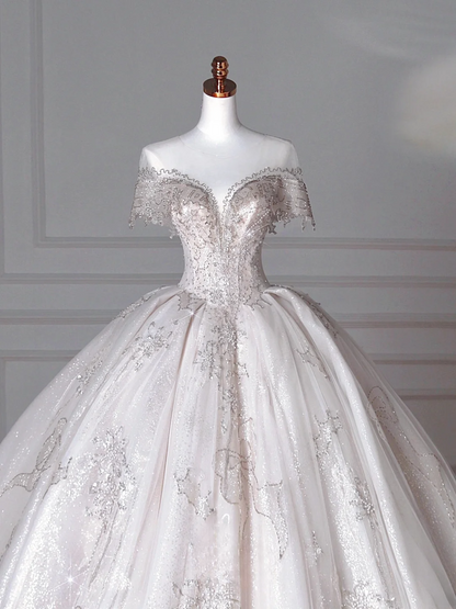 Robes de mariée de luxe Princesses de conte de fées Robe de bal Col bateau Manches courtes Tulle avec perles Traîne de balayage Robes de mariée MP066