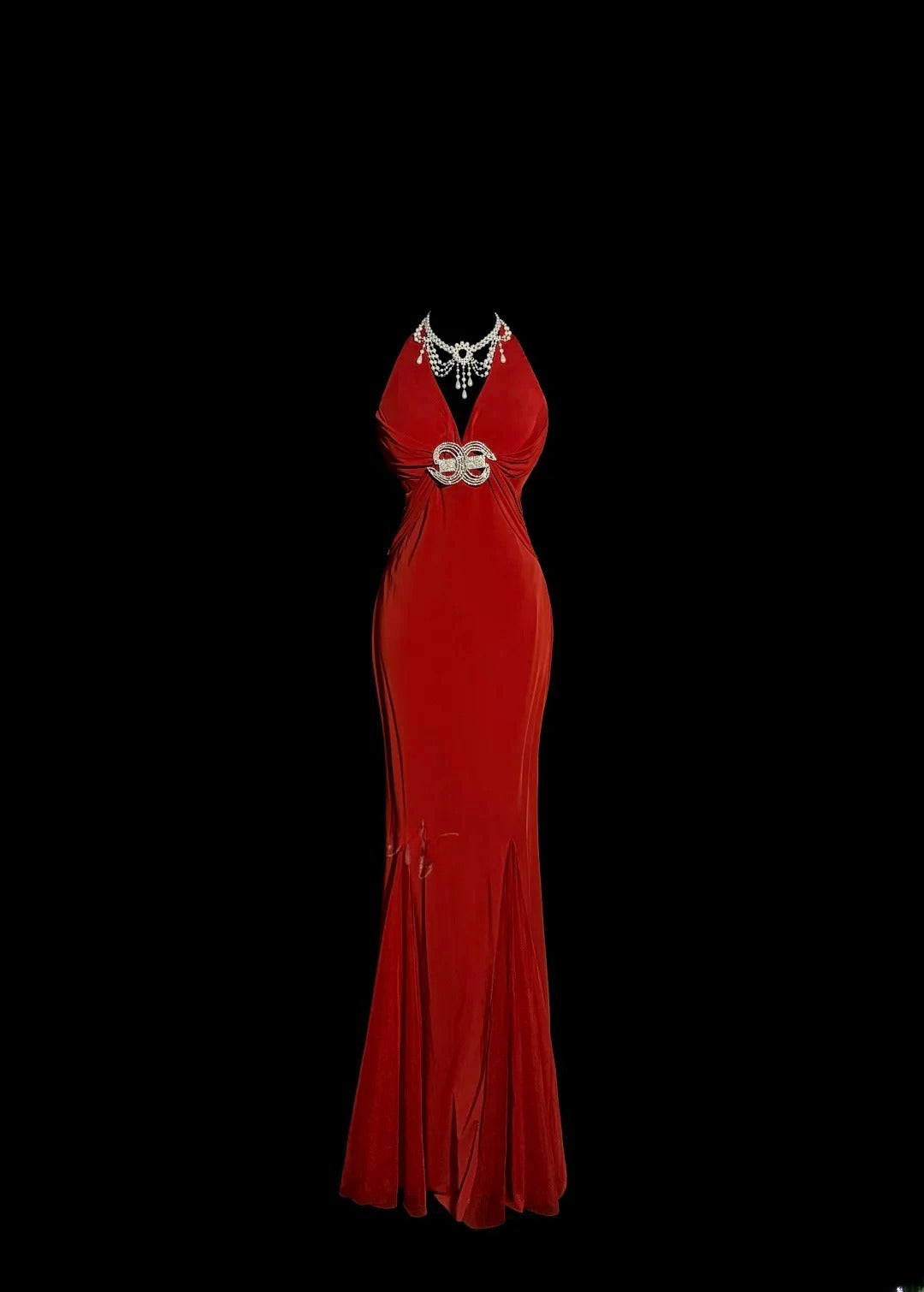 Elegantes Meerjungfrauen-Abendkleid mit Neckholder, V-Ausschnitt, rückenfrei, Rot, mit plissiertem Rock, MP656