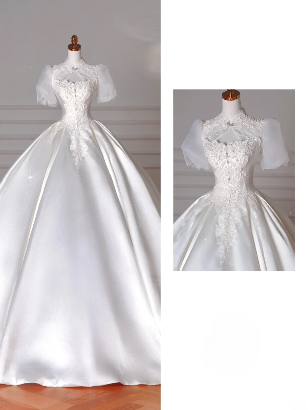 Robe de bal bustier en satin avec tulle Manches courtes Dentelle Blanc Traîne de balayage Robes de mariée de princesse MP067