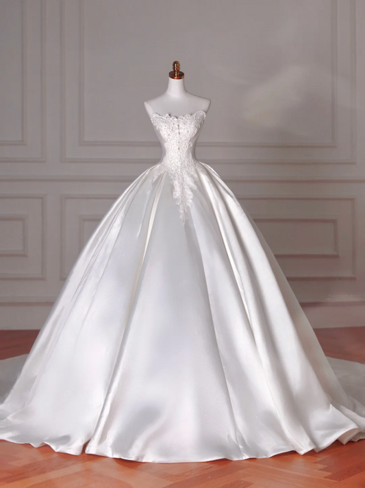 Ball Gown Strapless Satin With Tulle Short Sleeves Lace White Sweep Train Princess Bridal Gowns Wedding Dresses MP067