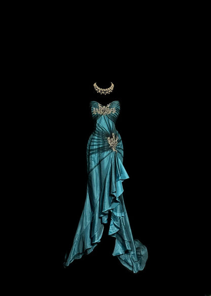 Robes de bal de concours sans manches, en satin bleu, tulle noir, plissé, inspiration sirène, bustier en cœur, esthétique MP1166