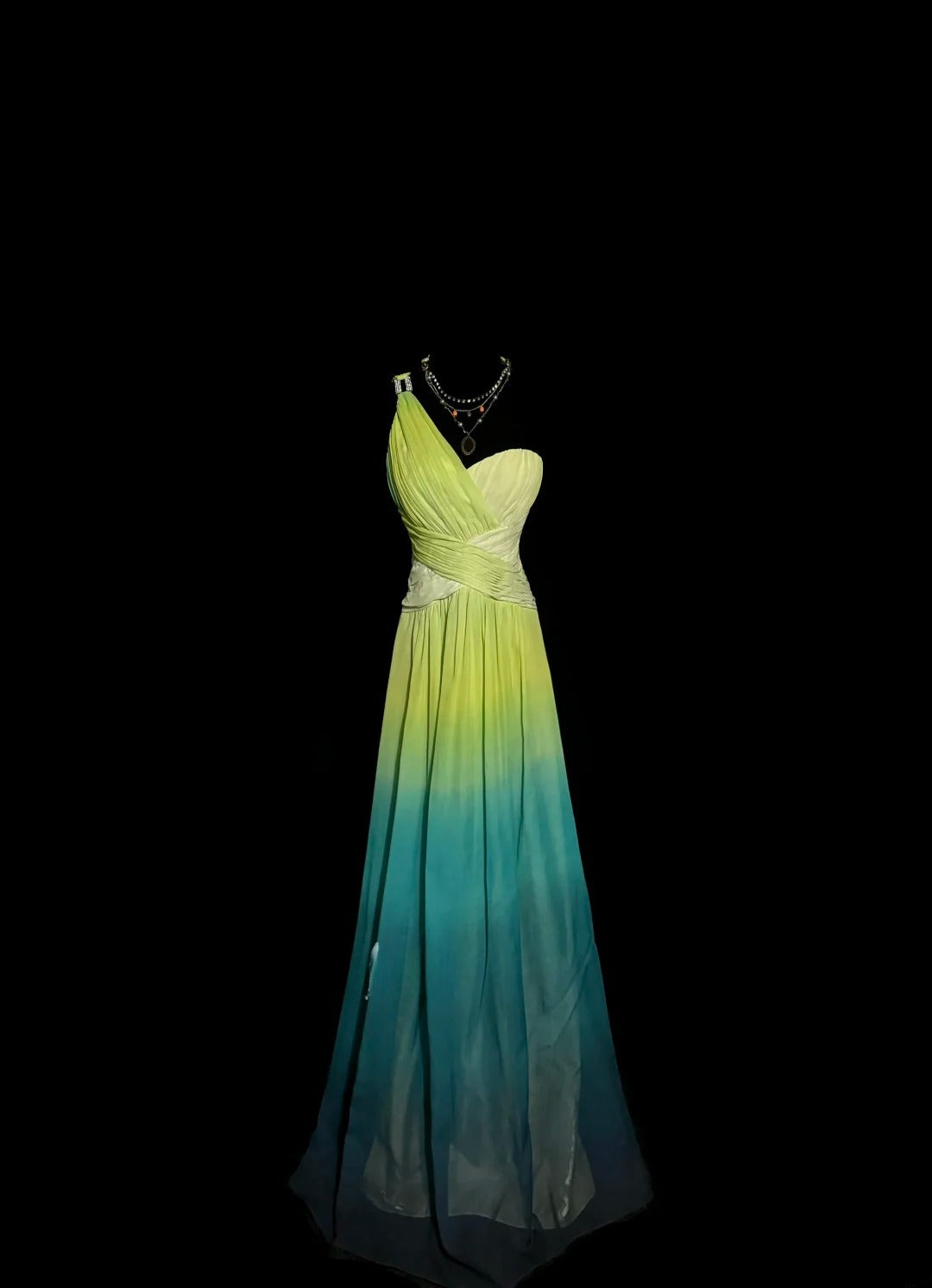 Hübsches A-Linien-Kleid mit One-Shoulder-Träger, Farbverlauf, Chiffon mit gerafftem, langem, ärmellosem Abendgala-Ballkleid MP1167