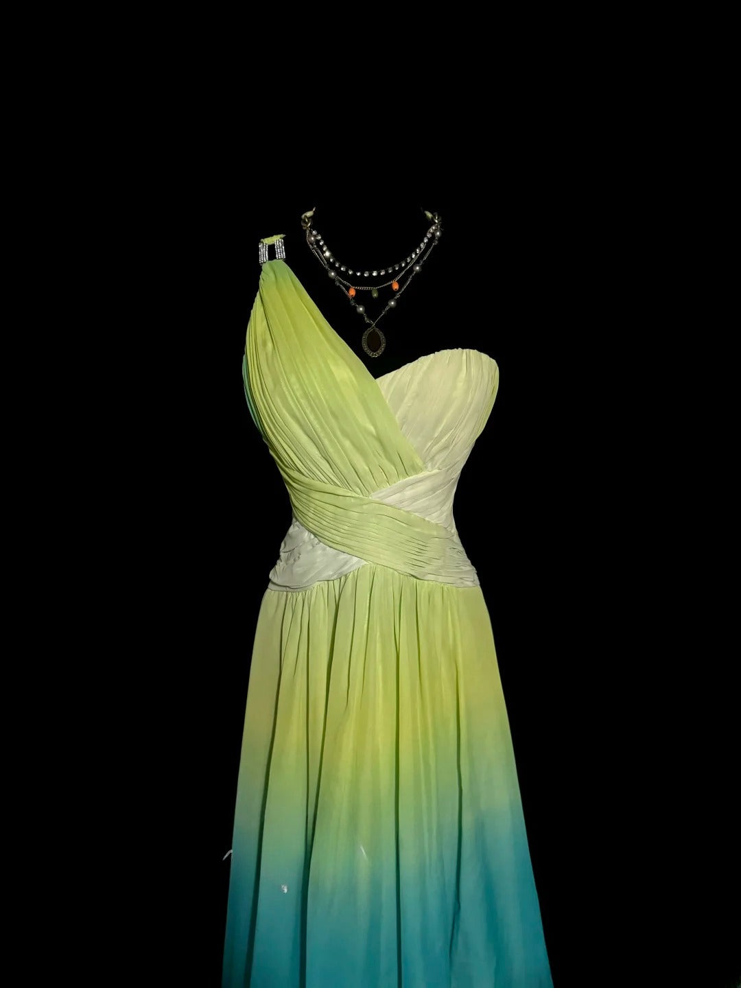 Hübsches A-Linien-Kleid mit One-Shoulder-Träger, Farbverlauf, Chiffon mit gerafftem, langem, ärmellosem Abendgala-Ballkleid MP1167