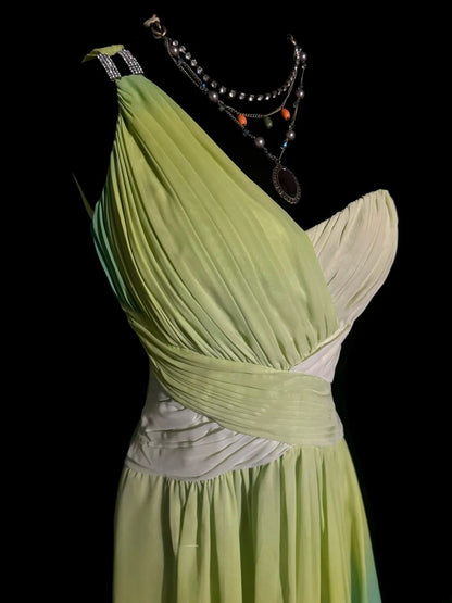 Hübsches A-Linien-Kleid mit One-Shoulder-Träger, Farbverlauf, Chiffon mit gerafftem, langem, ärmellosem Abendgala-Ballkleid MP1167
