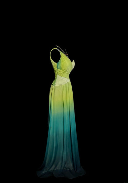 Hübsches A-Linien-Kleid mit One-Shoulder-Träger, Farbverlauf, Chiffon mit gerafftem, langem, ärmellosem Abendgala-Ballkleid MP1167