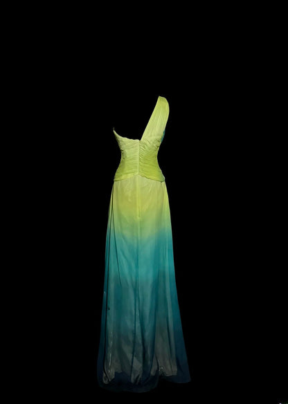 Hübsches A-Linien-Kleid mit One-Shoulder-Träger, Farbverlauf, Chiffon mit gerafftem, langem, ärmellosem Abendgala-Ballkleid MP1167