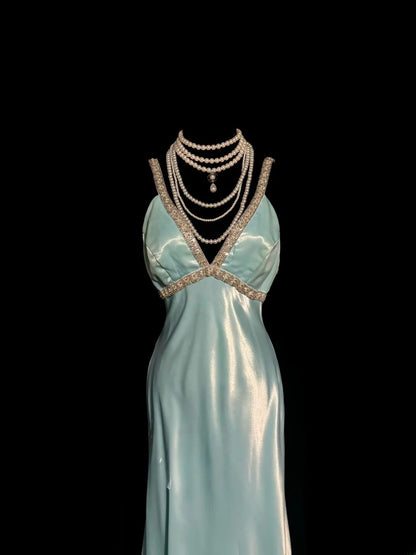 Vintage Meerjungfrau V-Ausschnitt Blau mit Perlen offener Rücken lange ärmellose Abendkleider Ballkleider MP1168