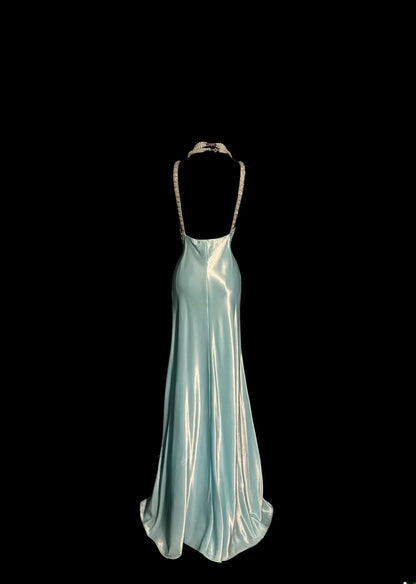 Vintage Meerjungfrau V-Ausschnitt Blau mit Perlen offener Rücken lange ärmellose Abendkleider Ballkleider MP1168