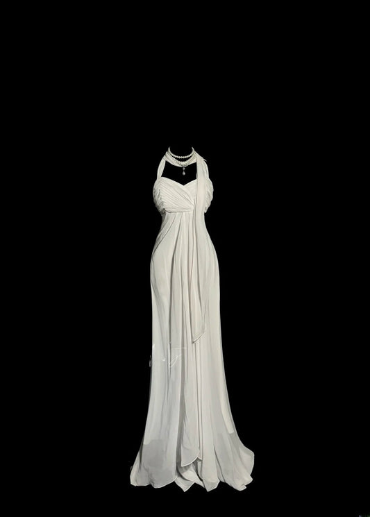Vintage Mermaid Halter White Chiffon With Ruched Ruffled Long Sleeveless Evening Gowns Prom Dresses MP1169