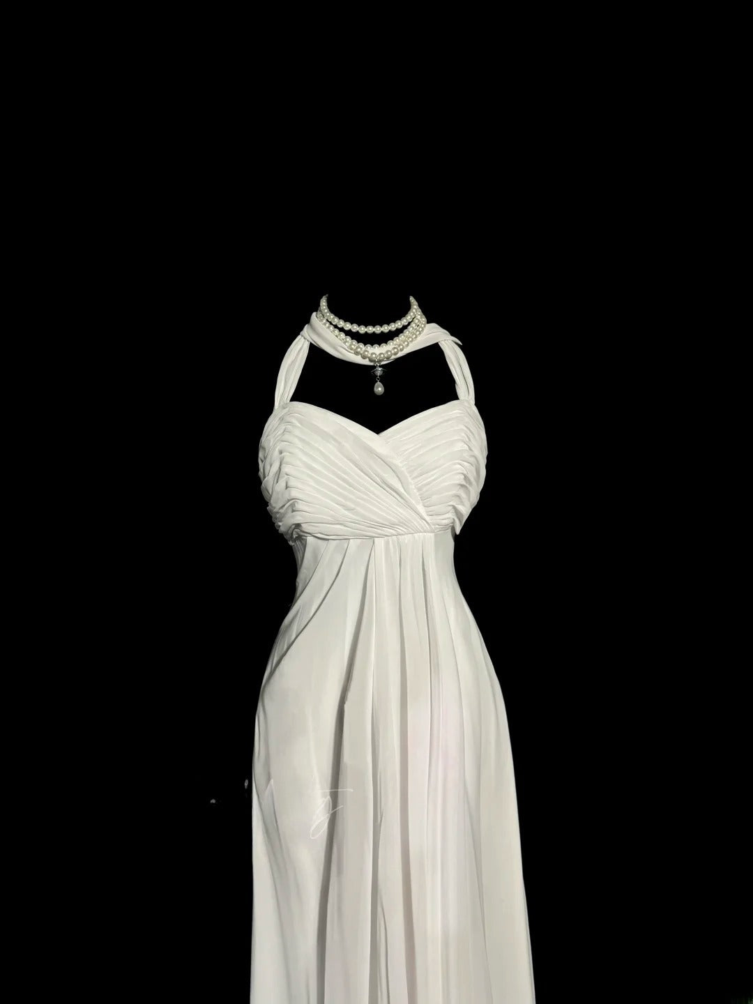 Robe de soirée sirène vintage en mousseline blanche avec volants plissés et longue sans manches, Robe de bal MP1169