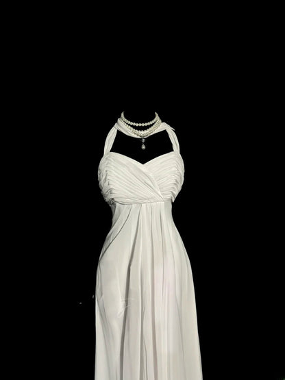 Robe de soirée sirène vintage en mousseline blanche avec volants plissés et longue sans manches, Robe de bal MP1169