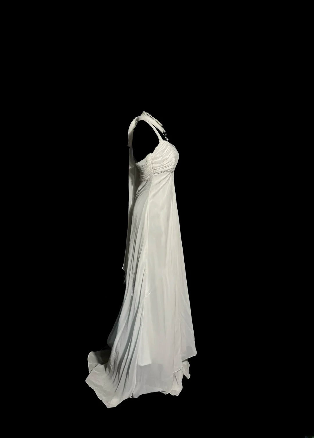 Robe de soirée sirène vintage en mousseline blanche avec volants plissés et longue sans manches, Robe de bal MP1169