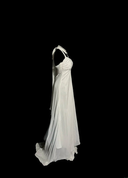 Robe de soirée sirène vintage en mousseline blanche avec volants plissés et longue sans manches, Robe de bal MP1169