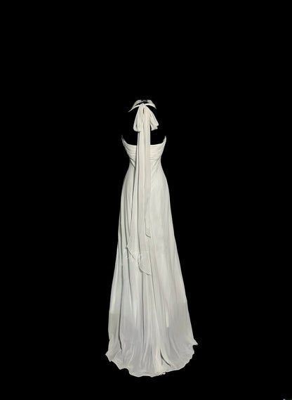 Robe de soirée sirène vintage en mousseline blanche avec volants plissés et longue sans manches, Robe de bal MP1169