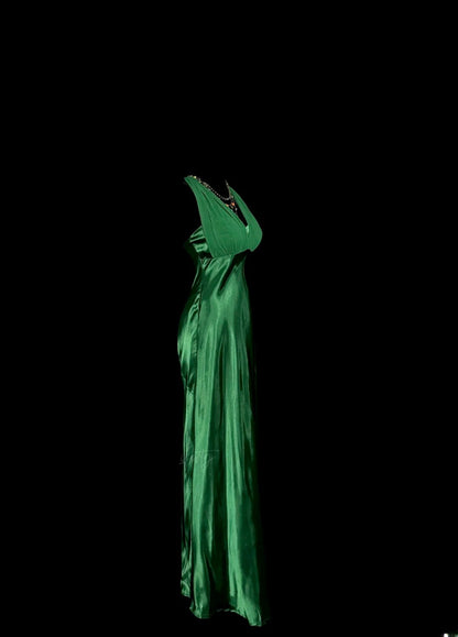 Einzigartiges & trendiges Meerjungfrauen-Neckholder-Kleid aus dunkelgrünem Chiffon mit gerafften Rüschen, lang, ärmellos, Abendkleider, Ballkleider MP1170
