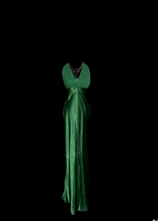 Unique & Trendy Mermaid Halter Dark Green Chiffon With Ruched Ruffled Long Sleeveless Evening Gowns Prom Dresses MP1170
