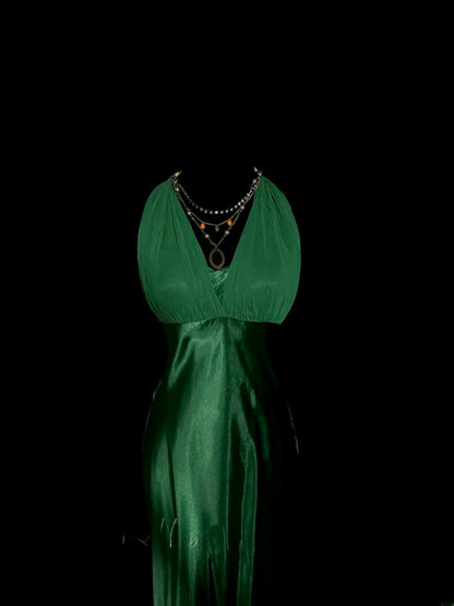 Einzigartiges & trendiges Meerjungfrauen-Neckholder-Kleid aus dunkelgrünem Chiffon mit gerafften Rüschen, lang, ärmellos, Abendkleider, Ballkleider MP1170