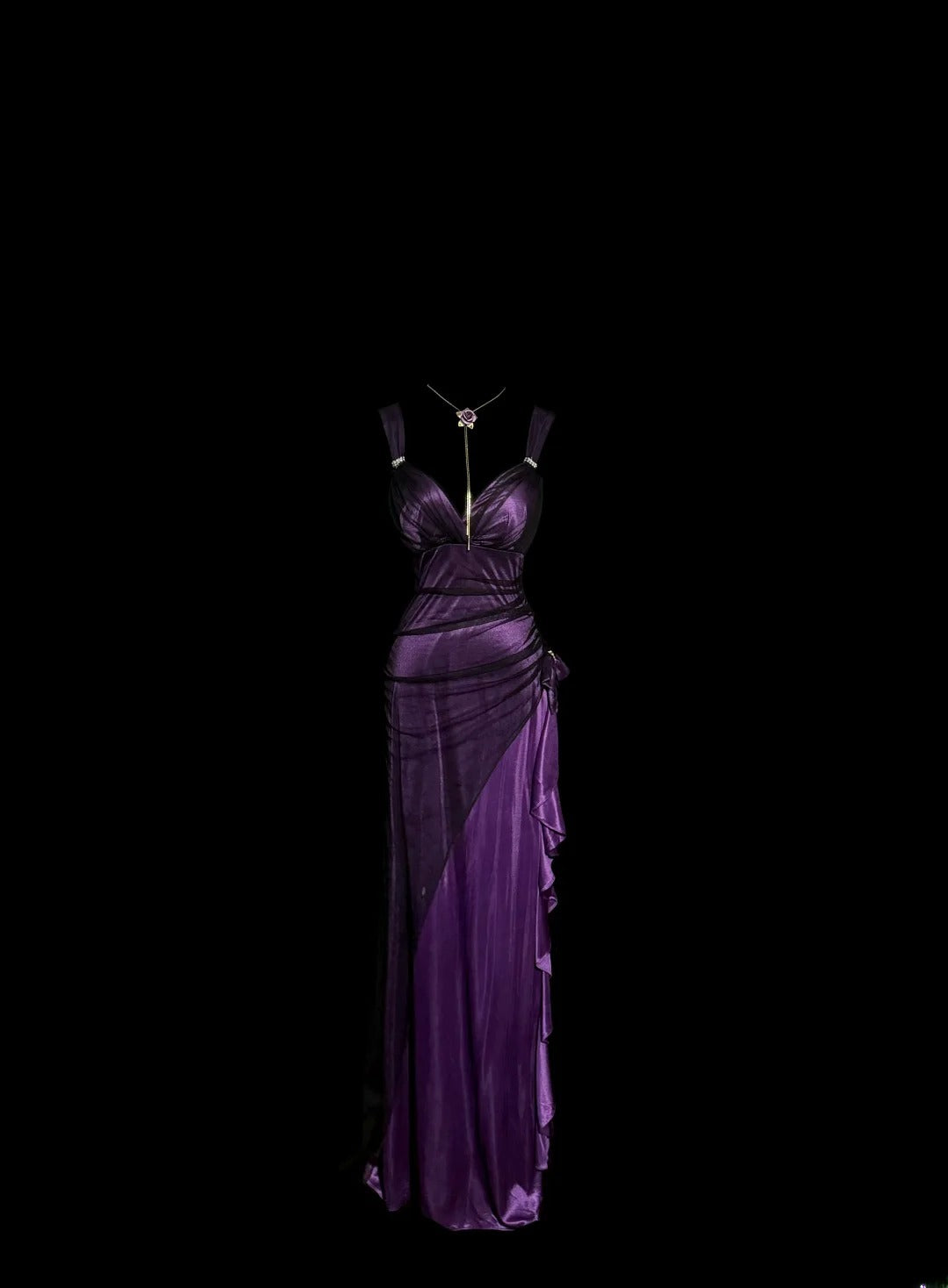 Robe de bal sirène unique et tendance avec bretelles, bustier cœur, couleur violette, avec fronces et volants, longue, style Y2K, inspiration mode MP1171