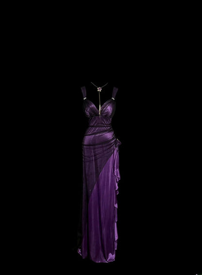 Robe de bal sirène unique et tendance avec bretelles, bustier cœur, couleur violette, avec fronces et volants, longue, style Y2K, inspiration mode MP1171