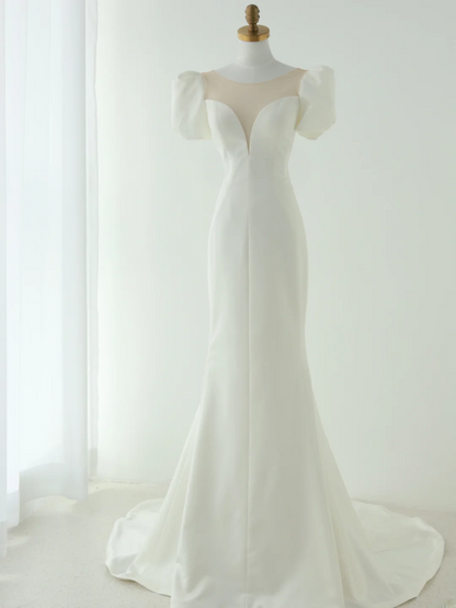 Robes de mariée princesse simples en satin longueur ras du sol à col dégagé sirène MP068