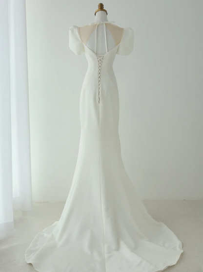 Robes de mariée princesse simples en satin longueur ras du sol à col dégagé sirène MP068