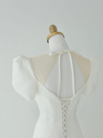 Robes de mariée princesse simples en satin longueur ras du sol à col dégagé sirène MP068