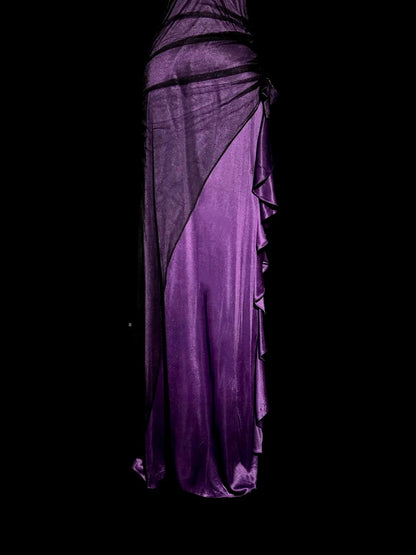Robe de bal sirène unique et tendance avec bretelles, bustier cœur, couleur violette, avec fronces et volants, longue, style Y2K, inspiration mode MP1171