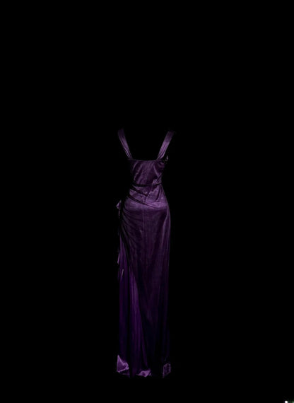 Robe de bal sirène unique et tendance avec bretelles, bustier cœur, couleur violette, avec fronces et volants, longue, style Y2K, inspiration mode MP1171