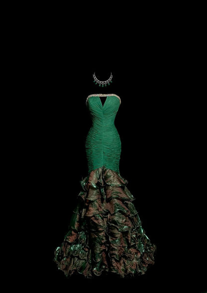 Unique & Trendy Mermaid Strapless Green With Ruched Ruffled Long Y2K Evening Outfits Dress Fashion Prom Dresses Inspiration MP1172