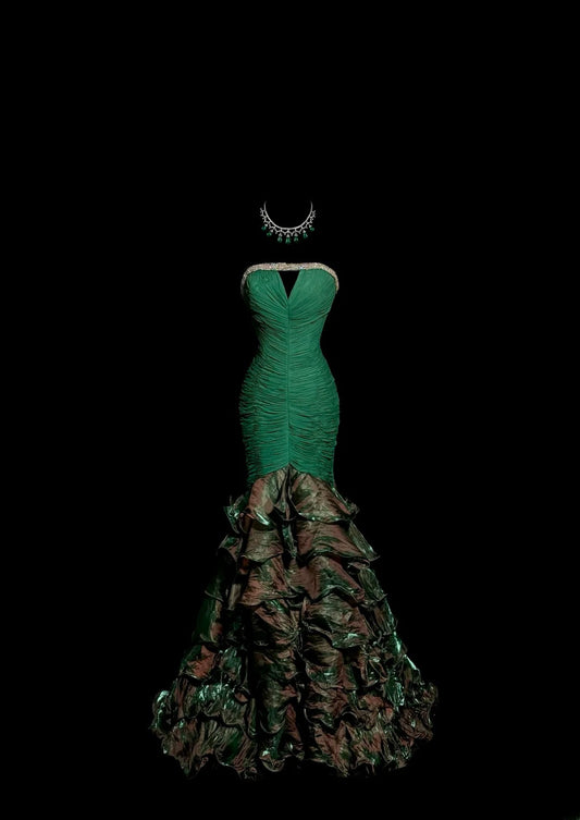 Unique & Trendy Mermaid Strapless Green With Ruched Ruffled Long Y2K Evening Outfits Dress Fashion Prom Dresses Inspiration MP1172