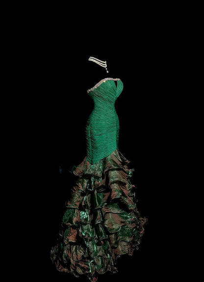 Unique & Trendy Mermaid Strapless Green With Ruched Ruffled Long Y2K Evening Outfits Dress Fashion Prom Dresses Inspiration MP1172