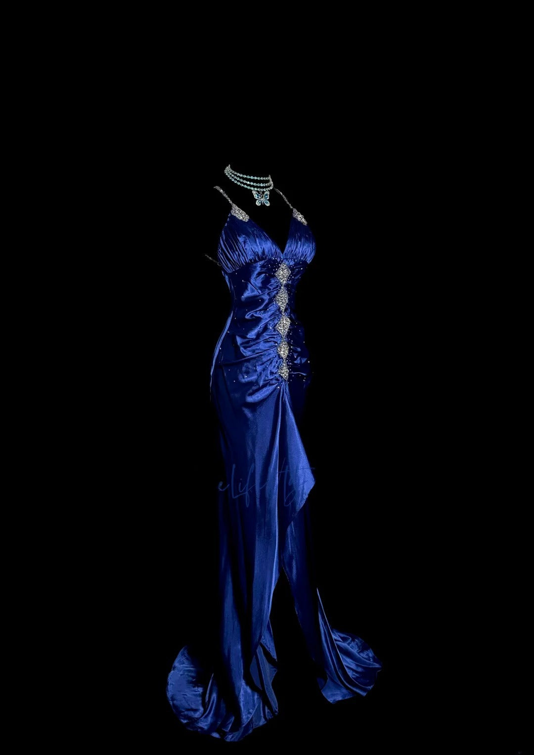 Vintage Meerjungfrau Spaghettiträger Königsblau mit geraffter Perlenstickerei Lange Y2K Abendgarderobe Kleid Mode Ballkleider Inspiration MP1173