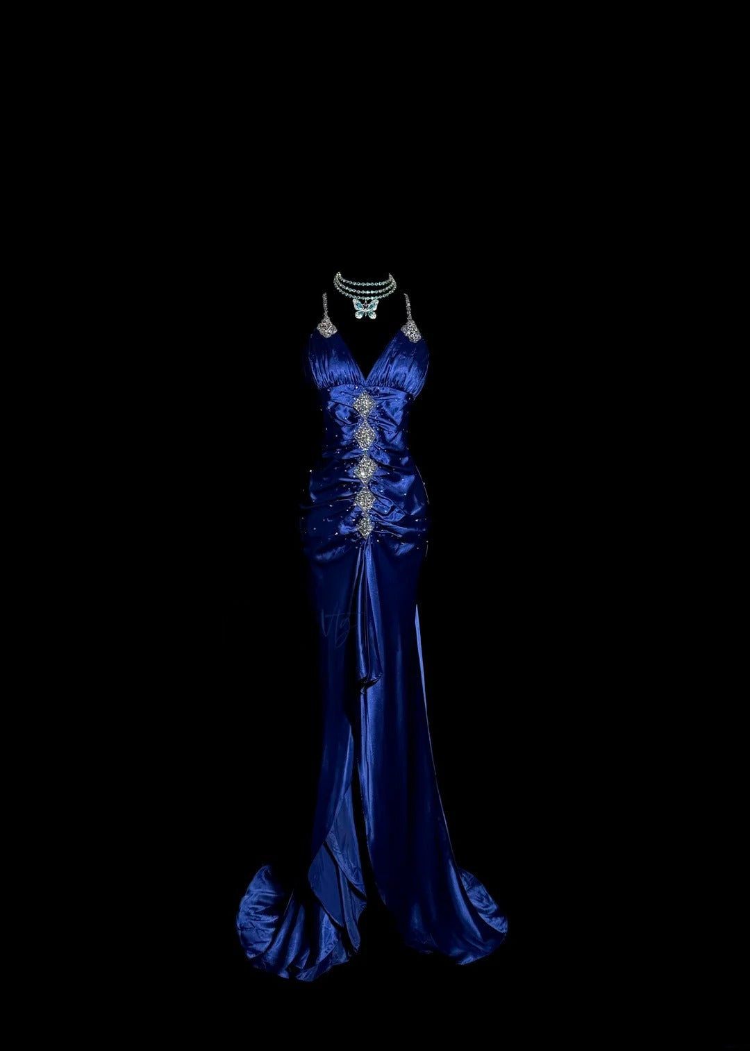 Vintage Meerjungfrau Spaghettiträger Königsblau mit geraffter Perlenstickerei Lange Y2K Abendgarderobe Kleid Mode Ballkleider Inspiration MP1173