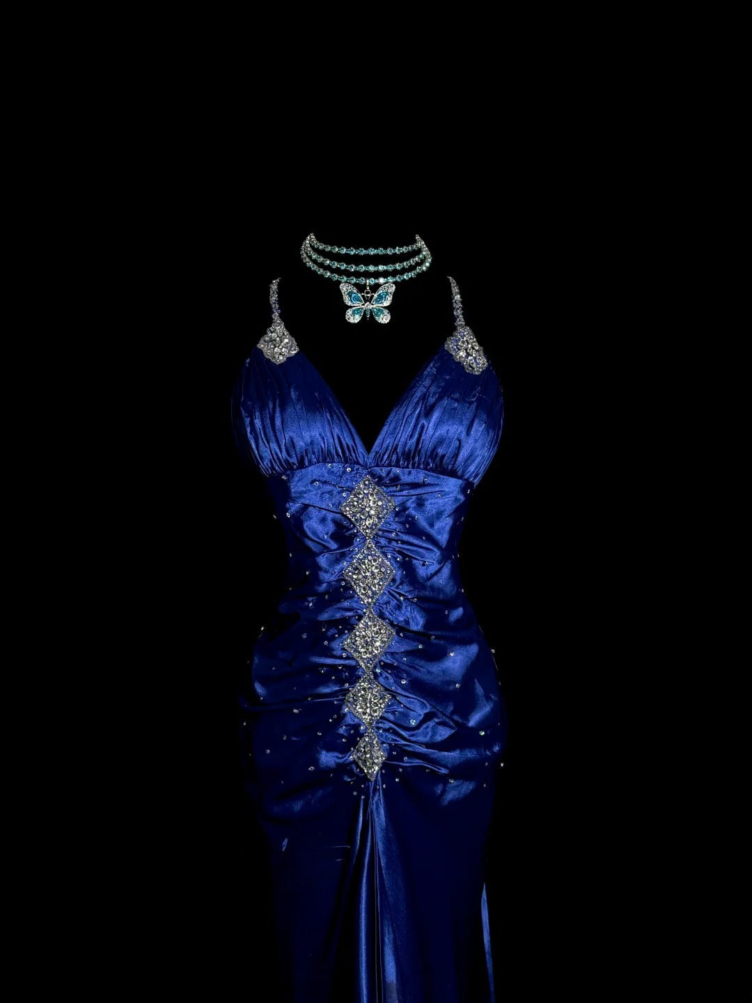 Vintage Meerjungfrau Spaghettiträger Königsblau mit geraffter Perlenstickerei Lange Y2K Abendgarderobe Kleid Mode Ballkleider Inspiration MP1173
