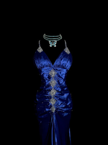 Vintage Meerjungfrau Spaghettiträger Königsblau mit geraffter Perlenstickerei Lange Y2K Abendgarderobe Kleid Mode Ballkleider Inspiration MP1173