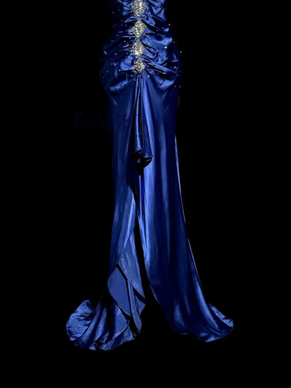 Vintage Meerjungfrau Spaghettiträger Königsblau mit geraffter Perlenstickerei Lange Y2K Abendgarderobe Kleid Mode Ballkleider Inspiration MP1173