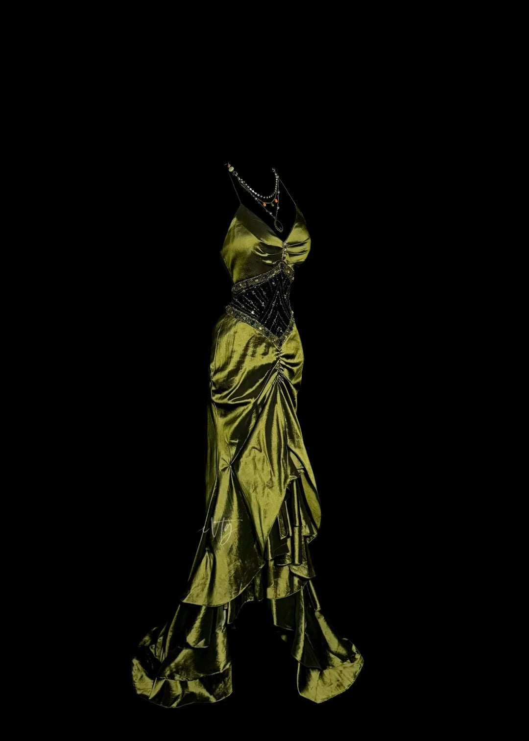 Robe De Soirée Longue Vintage Années 2000 Sirène Dos Nu Satin Vert Olive Avec Volants Perles Robe De Bal Tendance Inspiration MP1174