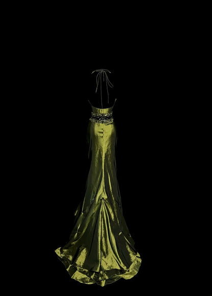 Robe De Soirée Longue Vintage Années 2000 Sirène Dos Nu Satin Vert Olive Avec Volants Perles Robe De Bal Tendance Inspiration MP1174