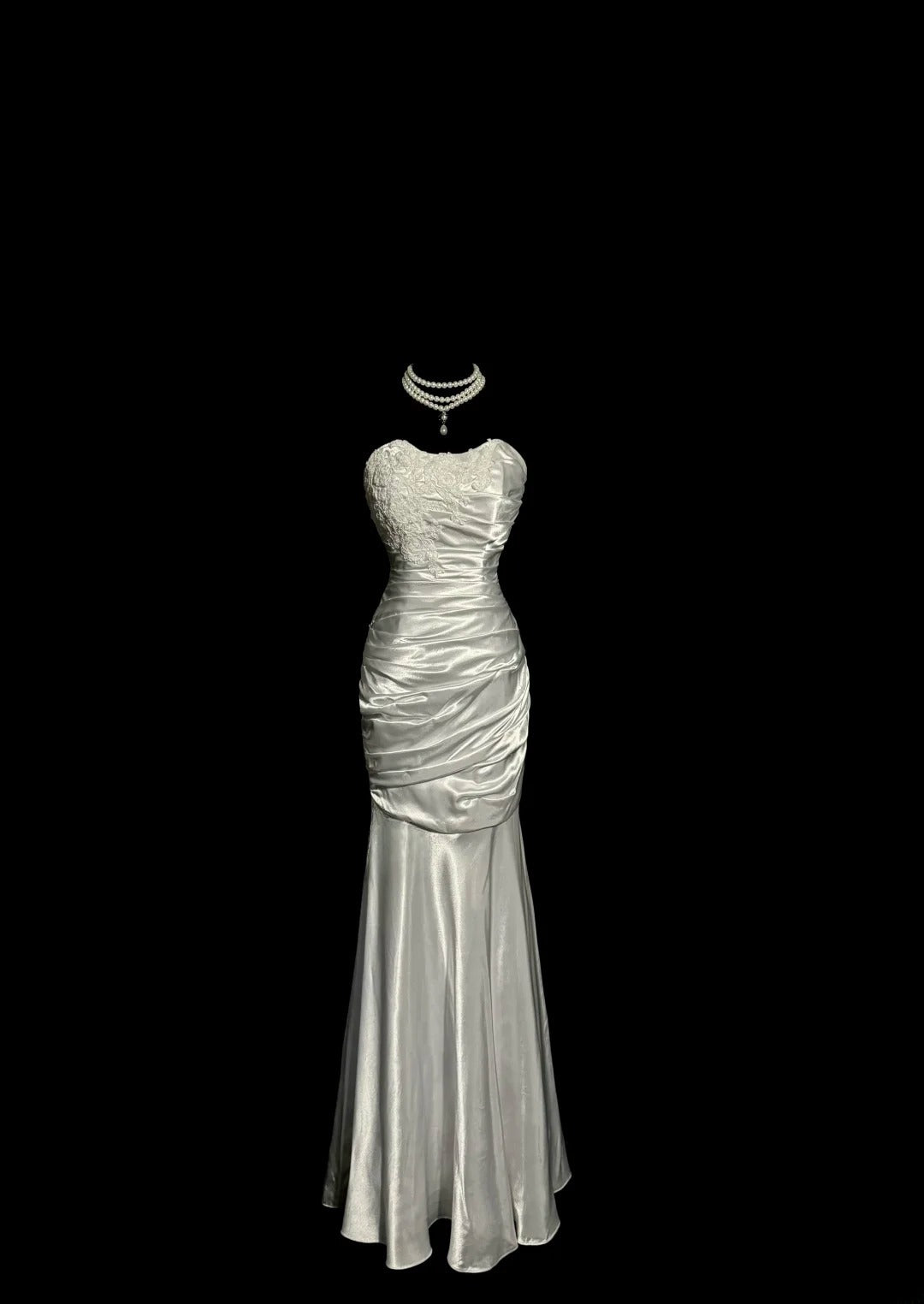 Aesthetic Mermaid Sweetheart Silver Satin With Lace Ruched Inspiration Sleeveless Pageant Outfits Prom Dresses MP1175