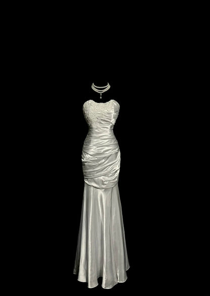 Aesthetic Mermaid Sweetheart Silver Satin With Lace Ruched Inspiration Sleeveless Pageant Outfits Prom Dresses MP1175