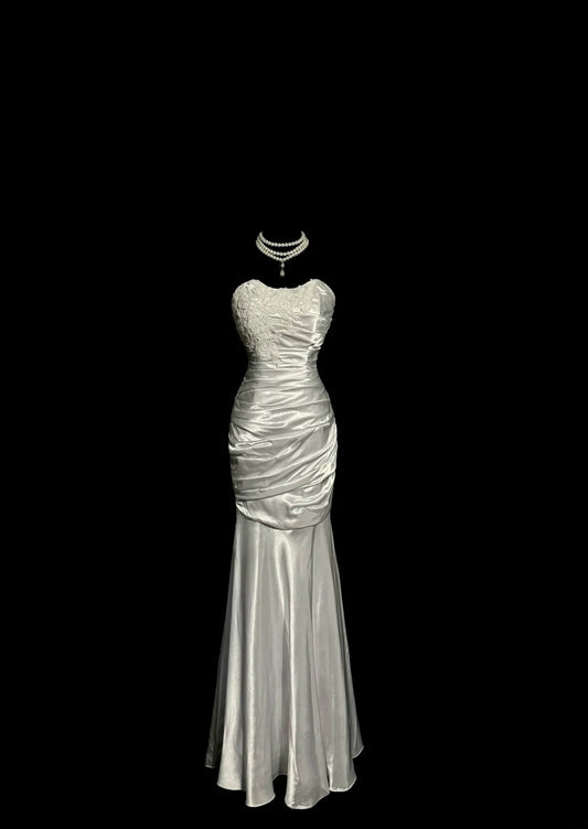 Aesthetic Mermaid Sweetheart Silver Satin With Lace Ruched Inspiration Sleeveless Pageant Outfits Prom Dresses MP1175