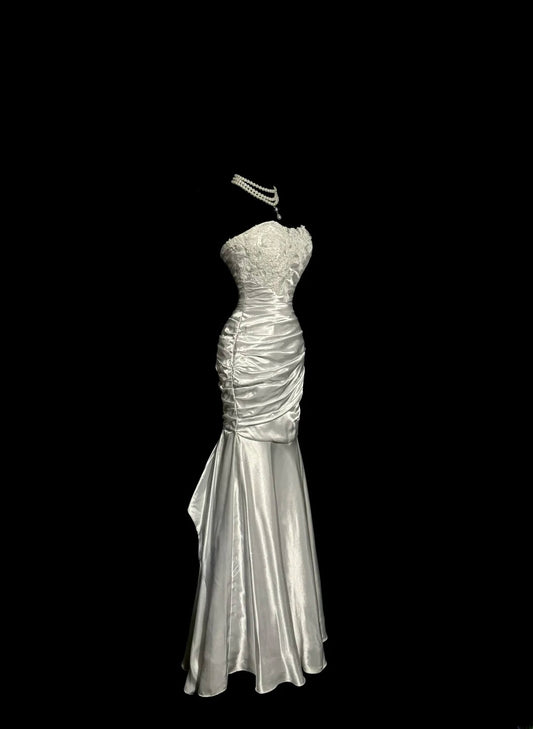 Aesthetic Mermaid Sweetheart Silver Satin With Lace Ruched Inspiration Sleeveless Pageant Outfits Prom Dresses MP1175