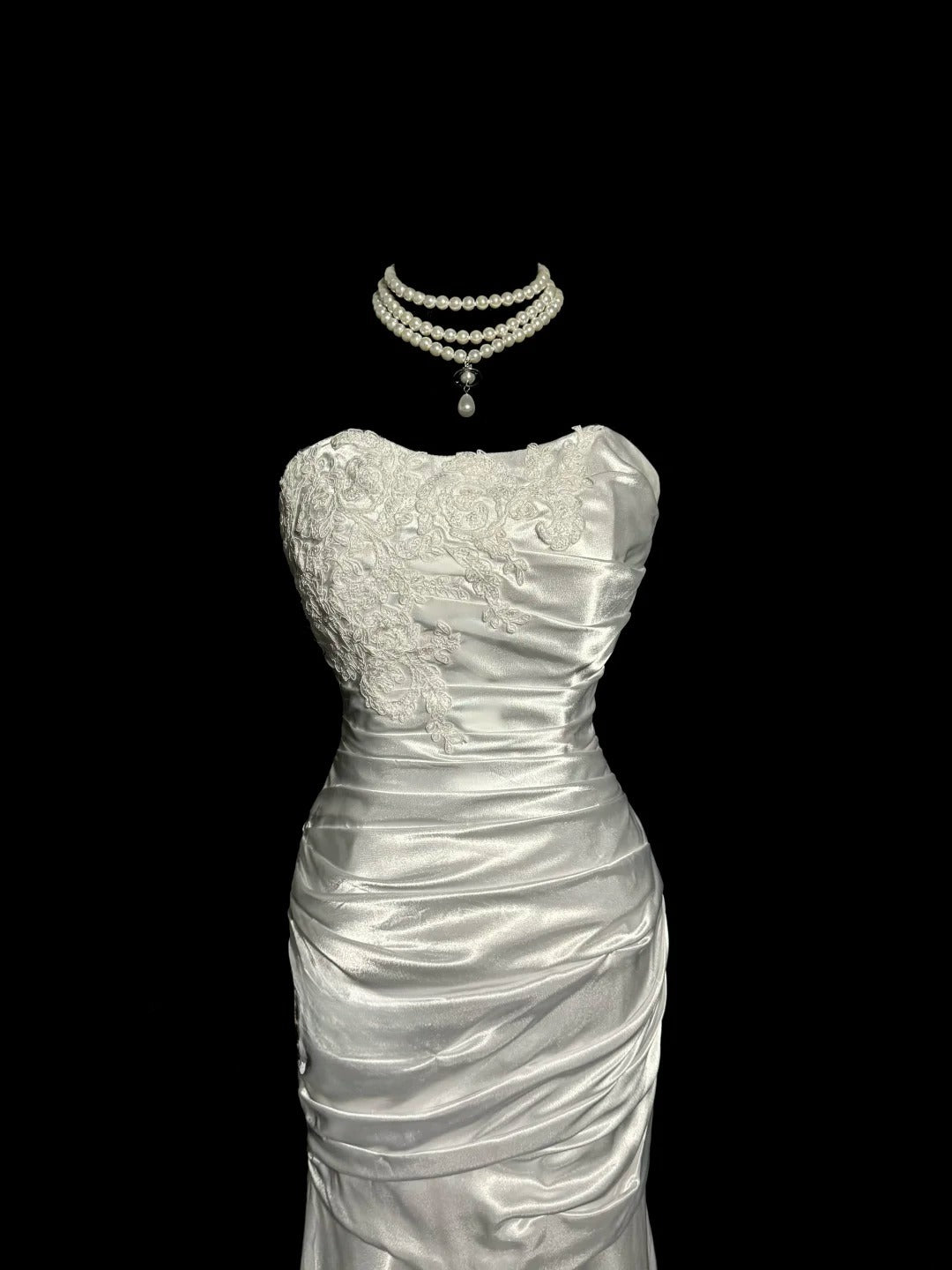 Aesthetic Mermaid Sweetheart Silver Satin With Lace Ruched Inspiration Sleeveless Pageant Outfits Prom Dresses MP1175