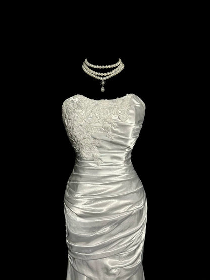 Aesthetic Mermaid Sweetheart Silver Satin With Lace Ruched Inspiration Sleeveless Pageant Outfits Prom Dresses MP1175
