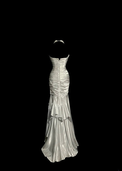 Aesthetic Mermaid Sweetheart Silver Satin With Lace Ruched Inspiration Sleeveless Pageant Outfits Prom Dresses MP1175