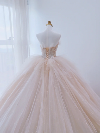 Charming Ball Gown Strapless Pink Tulle With Silver Beaded Long For Senior Year 2026 Prom Dresses Sweet 16 Dress MP073