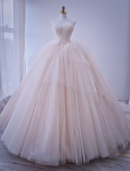 Charming Ball Gown Strapless Pink Tulle With Silver Beaded Long For Senior Year 2026 Prom Dresses Sweet 16 Dress MP073