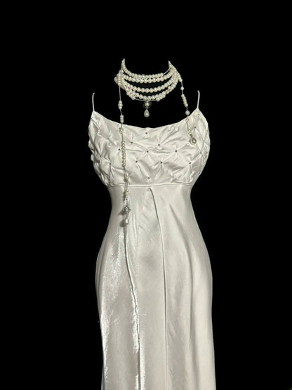 Aesthetic Mermaid Spaghetti Strap White Satin With Ruched Inspiration Sleeveless Pageant Outfits Prom Dresses MP1177