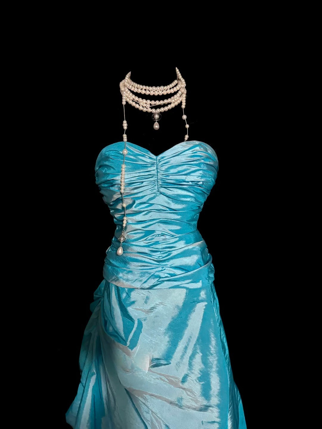 Robe de soirée vintage bustier en taffetas bleu avec volants froncés, longue, style Y2K, tenue de soirée tendance, robes de bal d'inspiration MP1179