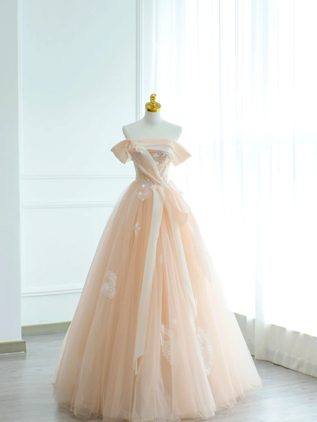 Charming Ball Gown Off The Shoulder Blush Pink Tulle With Applique Long For Senior Year 2026 Prom Dresses Sweet 16 Dress MP075